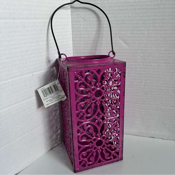 Pink hanging Metal candle lantern 4” x 4” x 8” - just add votive candle - Picture 3 of 7